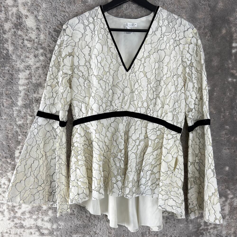 Venus Size 10 Floral Bell Sleeve V Neck Top Ivory Casual Lined Pullover